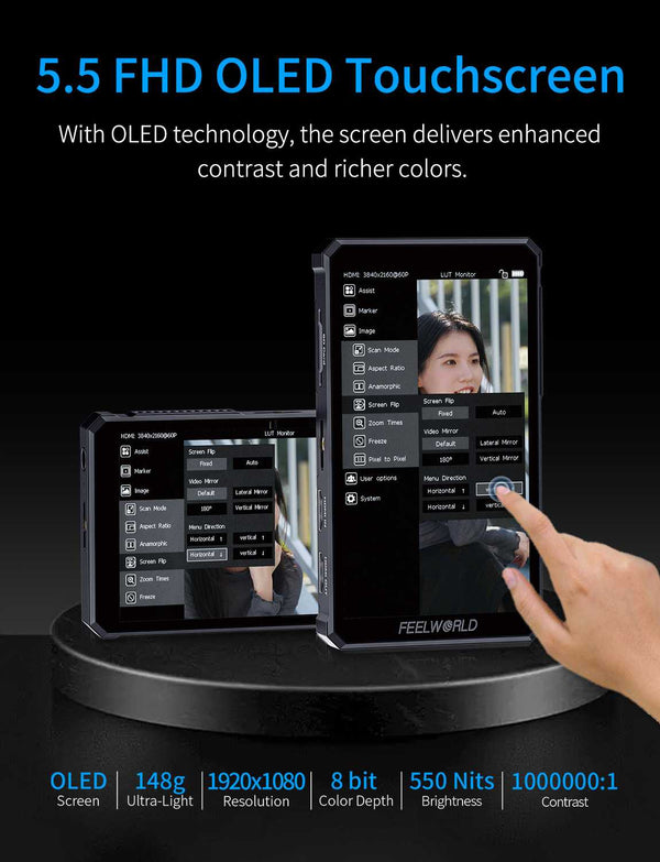 FEELWORLD PS6 5.5 Inch 550nit OLED Vertical Horizontal Camera Field Video Monitor Touch Screen 4K HDMI