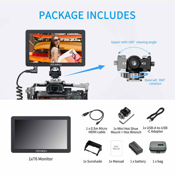 FEELWORLD T6 6-Inch 450nit Camera Field Video Monitor Aluminium Housing 4K HDMI 1920x1080 IPS