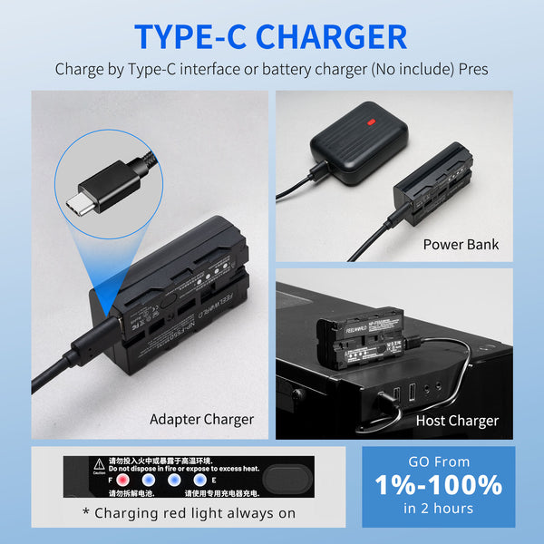 FEEWORLD NP-F550 2200mAh Li-ion Battery for Monitor Video Light Video Transmission USB-C Charging