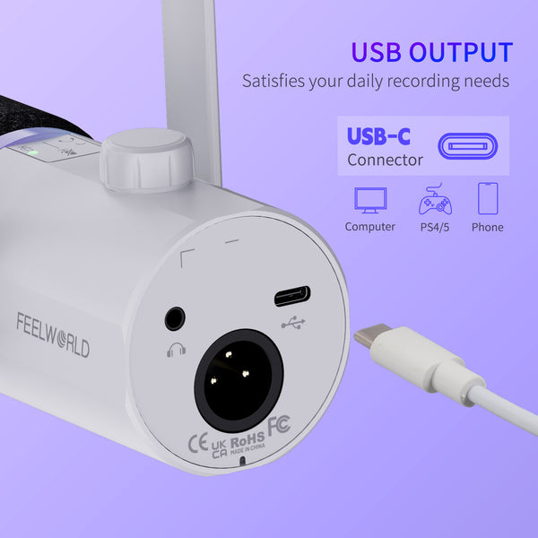 FEELWORLD PM1 White XLR USB Dynamic Microphone for  Podcasting Recording Gaming Live Streaming