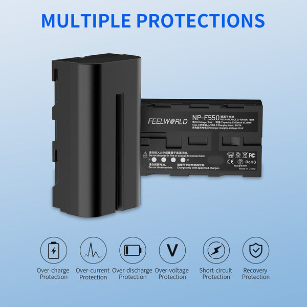 FEEWORLD NP-F550 2200mAh Li-ion Battery for Monitor Video Light Video Transmission USB-C Charging