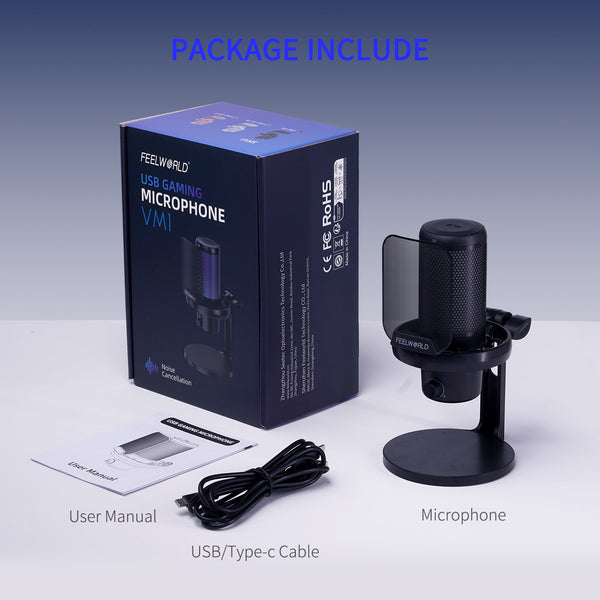 FEELWORLD VM1 Gaming PC USB Condenser Microphone With Desktop Stand