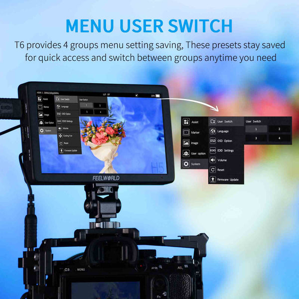 FEELWORLD T6 6-Inch 450nit Camera Field Video Monitor Aluminium Housing 4K HDMI 1920x1080 IPS
