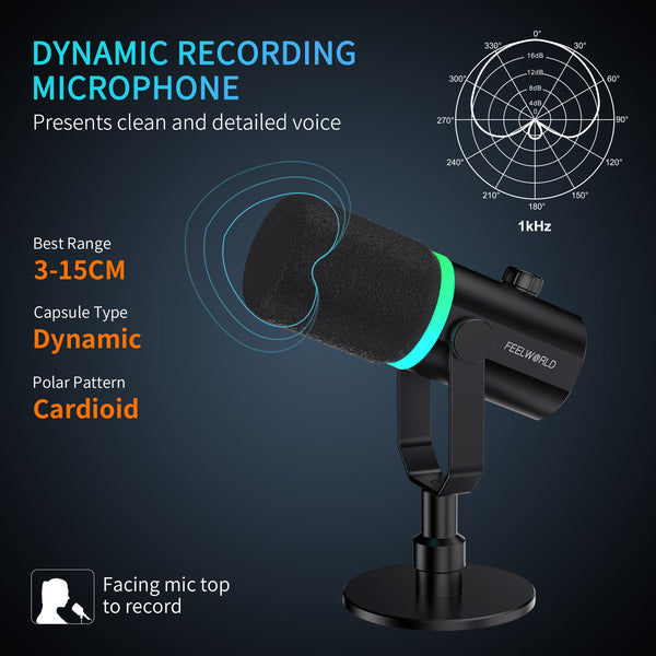 FEELWORLD PM1 XLR USB Dynamic Microphone with Desktop Stand Stand for Podcast