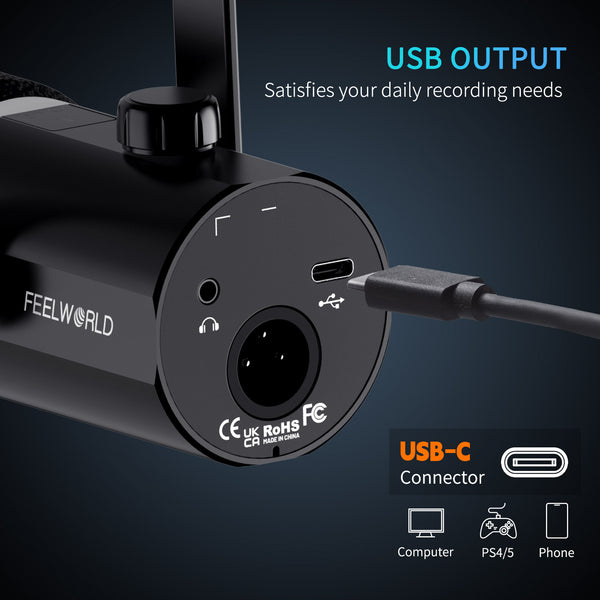 FEELWORLD PM1 XLR USB Dynamic Microphone with Boom Arm Stand for Podcast