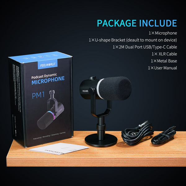 FEELWORLD PM1 XLR USB Dynamic Microphone with Desktop Stand Stand for Podcast