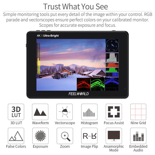 FEELWORLD LUT7 7 Inch Ultra Bright 2200nit Touch Screen Camera DSLR Field Monitor with 3D Lut with F970 Battery