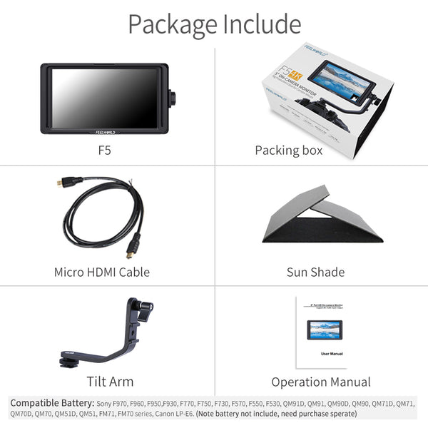 FEELWORLD F5 5 inch small 4K HDMI DSLR on camera monitor full HD 1920x1080 peaking assist DC Out