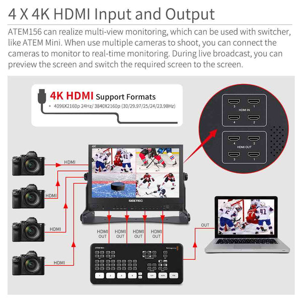 SEETEC ATEM156 15.6 Inch Live Streaming Broadcast Monitor with 4 HDMI Input Output