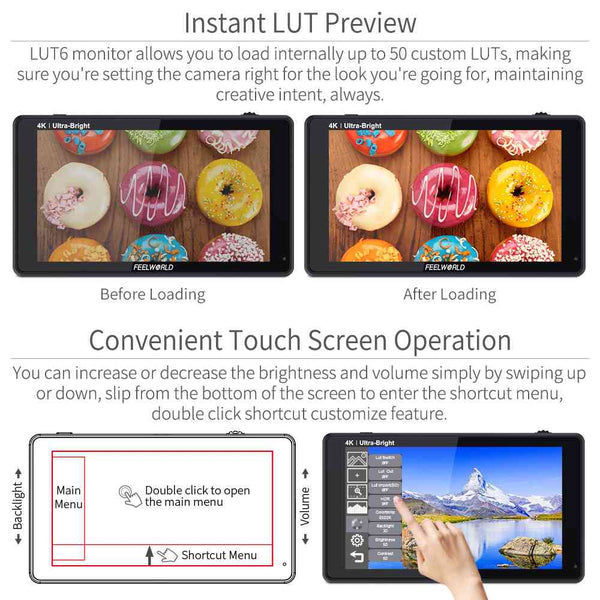FEELWORLD LUT6 6" 2600nits HDR/3D LUT Touchscreen DSLR Camera Field Monitor with Waveform 4K HDMI