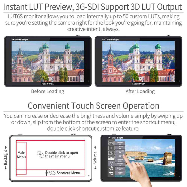 FEELWORLD LUT6S 6 Inch 2600nits HDR/3D LUT Touch Screen DSLR Camera Field Monitor 3G-SDI 4K HDMI