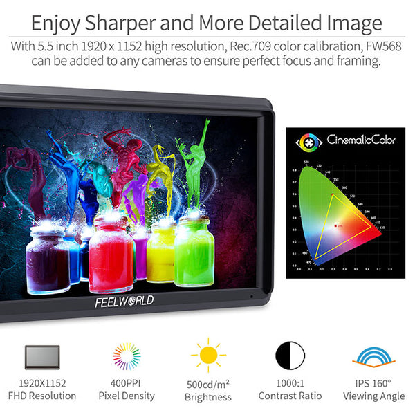 FEELWORLD FW568 V3 6 inch DSLR Camera Field Monitor with Waveform LUTs Video Peaking Focus Assist