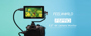 FEELWORLD F5 PRO 5.5-цалевы DSLR-фотакамера з сэнсарным экранам і маніторам з вонкавым камплектам для бесправадной сувязі