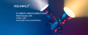 Luz de vídeo LED COB FEELWORLD FL125B/FL225B bicolor e FL125D/FL225D Daylight COB para videografia com controle de luz