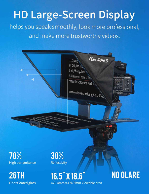 FEELWORLD TP21 21palcový skládací teleprompter podporuje až 21.5" zařízení s nápovědou, horizontální a vertikální nápovědou, dálkové ovládání Bluetooth