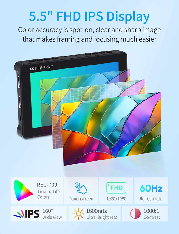 FEELWORLD F5 PROX 5.5 Inch 1600nit High Bright DSLR Camera Field Monitor F970 Install and Power Kit