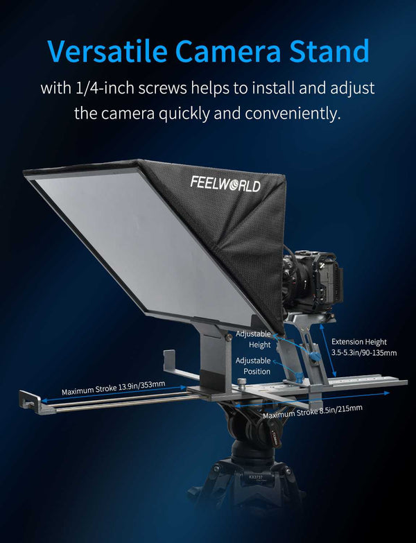 FEELWORLD TP21 21palcový skládací teleprompter podporuje až 21.5" zařízení s nápovědou, horizontální a vertikální nápovědou, dálkové ovládání Bluetooth