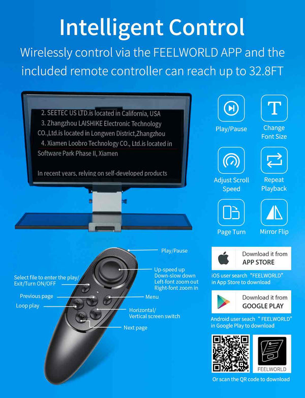 FEELWORLD TP21 21palcový skládací teleprompter podporuje až 21.5" zařízení s nápovědou, horizontální a vertikální nápovědou, dálkové ovládání Bluetooth