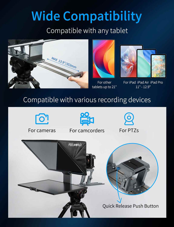 FEELWORLD TP21 21palcový skládací teleprompter podporuje až 21.5" zařízení s nápovědou, horizontální a vertikální nápovědou, dálkové ovládání Bluetooth