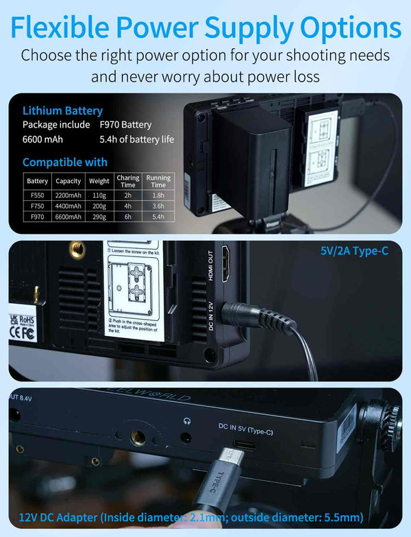 FEELWORLD F5 PROX 5.5 Inch 1600nit High Bright DSLR Camera Field Monitor F970 Install and Power Kit