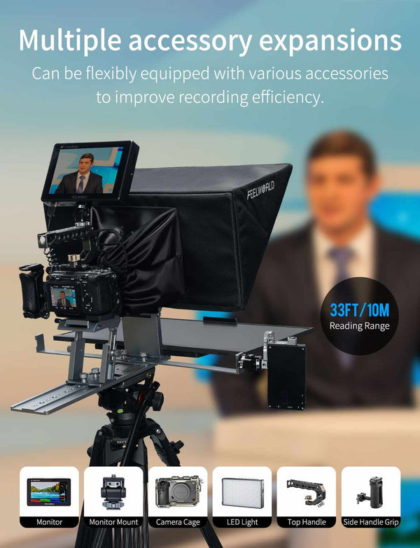 FEELWORLD TP21 21palcový skládací teleprompter podporuje až 21.5" zařízení s nápovědou, horizontální a vertikální nápovědou, dálkové ovládání Bluetooth