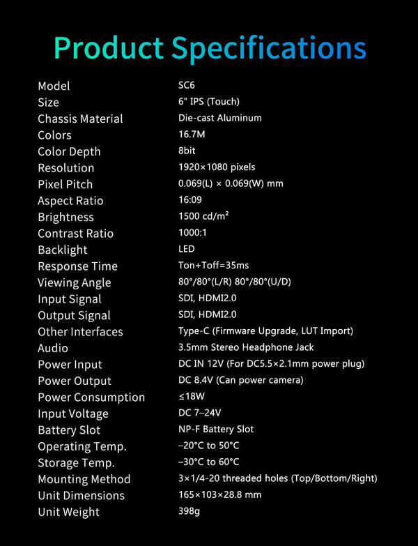 FEELWORLD SC6 6 Inch 1500nit HighBright Aluminium Field DSLR Camera Monitor Touch 3G SDI 4K HDMI60Hz