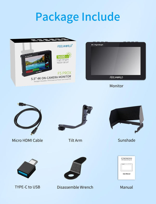 FEELWORLD F5 PROX 5.5 Inch 1600nit High Bright DSLR Camera Field Monitor F970 Install and Power Kit