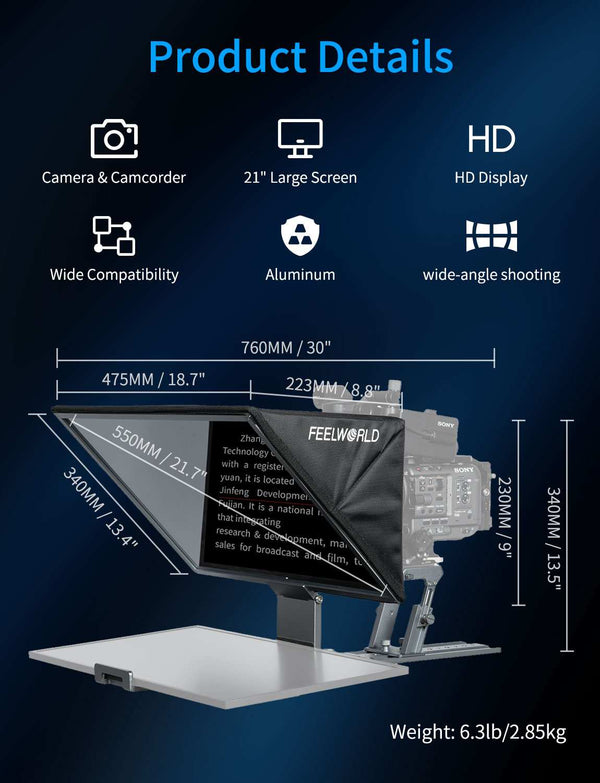 FEELWORLD TP21 21palcový skládací teleprompter podporuje až 21.5" zařízení s nápovědou, horizontální a vertikální nápovědou, dálkové ovládání Bluetooth