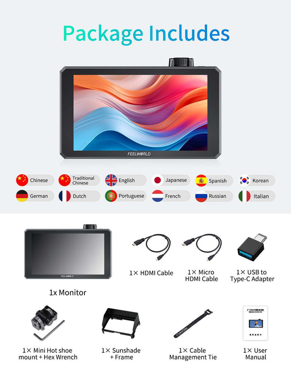 FEELWORLD SC6 6 Inch 1500nit HighBright Aluminium Field DSLR Camera Monitor Touch 3G SDI 4K HDMI60Hz