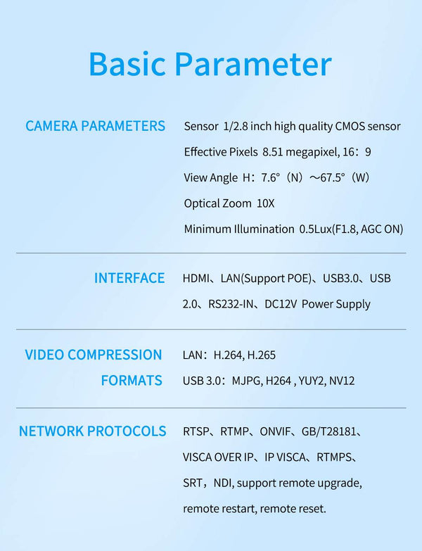 FEELWORLD NDI10X NDI 4K PTZ Camera 10X Optical Zoom AI Tracking HDMI USB IP Remote Control