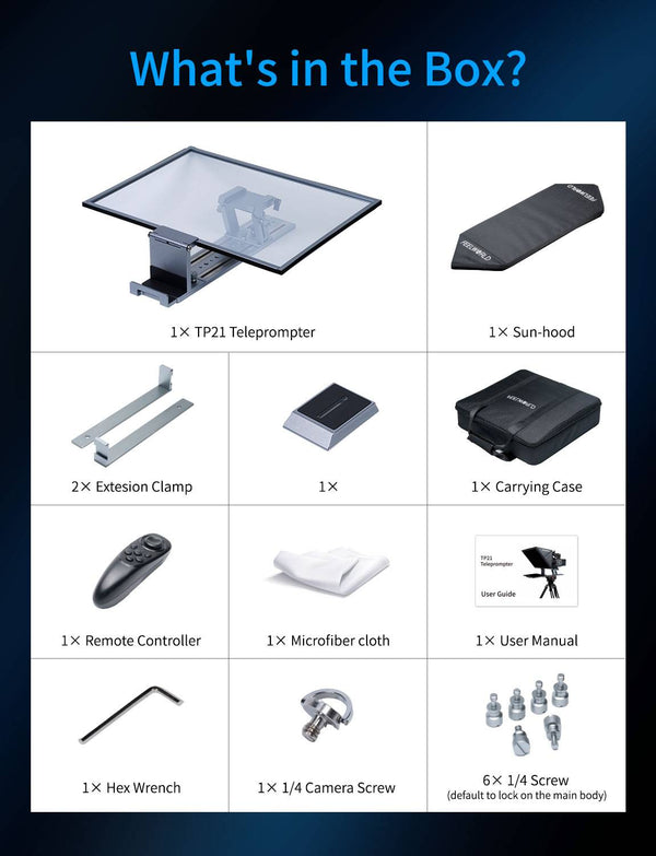 FEELWORLD TP21 21palcový skládací teleprompter podporuje až 21.5" zařízení s nápovědou, horizontální a vertikální nápovědou, dálkové ovládání Bluetooth
