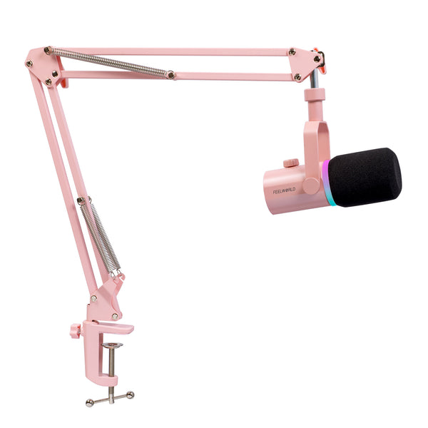 FEELWORLD PM1 Pink XLR USB Dynamic Microphone with Boom Arm Stand for Podcast