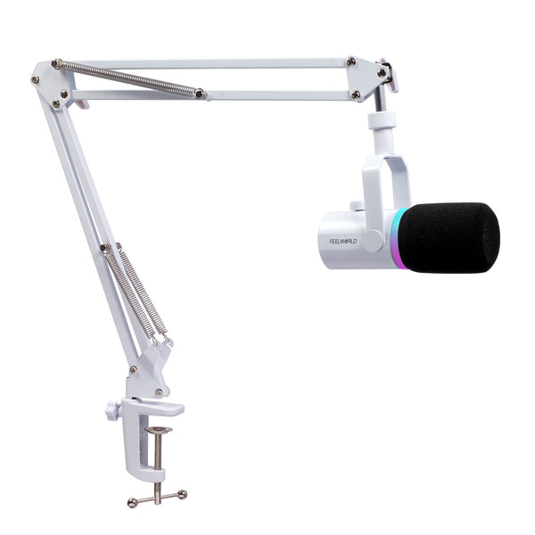 FEELWORLD PM1 White XLR USB Dynamic Microphone with Boom Arm Stand for Podcast