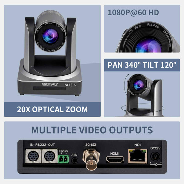 FEELWORLD NDI20X Адначасовая 3G-SDI HDMI NDI IP PTZ-камера для трансляцыі ў прамым эфіры з падтрымкай 20-кратнага маштабавання PoE