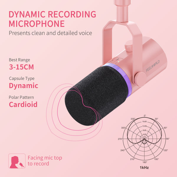 FEELWORLD PM1 Pink XLR USB Dynamic Microphone for Podcasting Recording Gaming Live Streaming