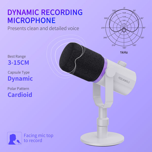 FEELWORLD PM1 White XLR USB Dynamic Microphone with Desktop Stand Stand for Podcast