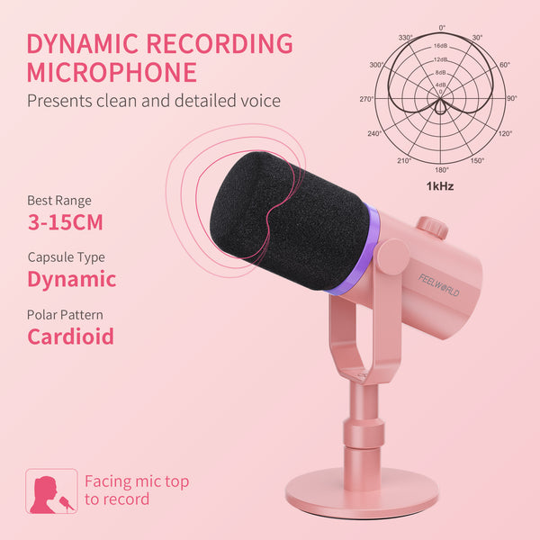 FEELWORLD PM1 Pink XLR USB Dynamic Microphone with Desktop Stand Stand for Podcast