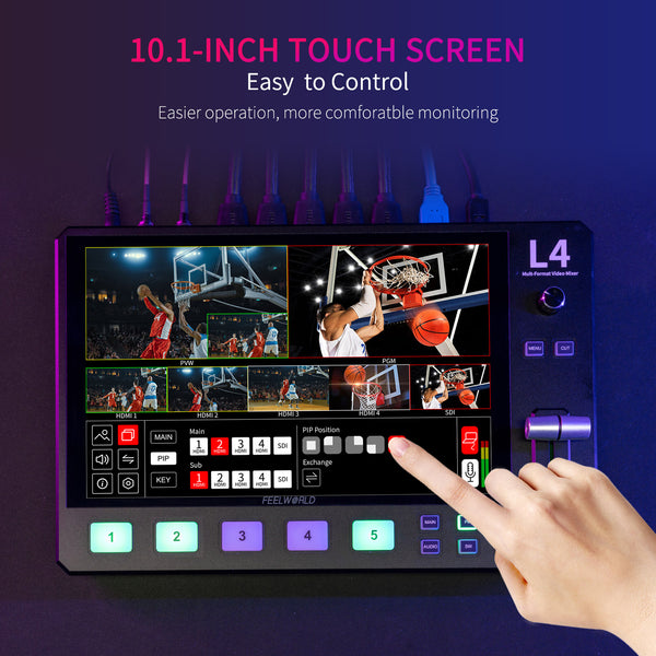 FEELWORLD L4 Mixer video multicamera Switcher Touch screen da 10.1" USB 3.0 Streaming veloce