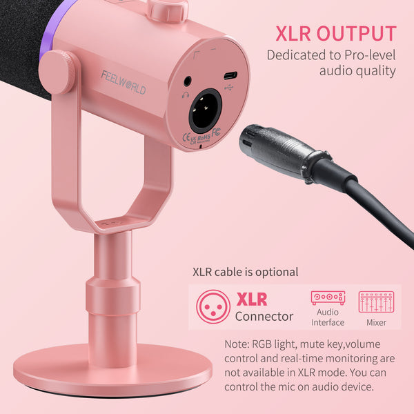 FEELWORLD PM1 Pink XLR USB Dynamic Microphone for Podcasting Recording Gaming Live Streaming