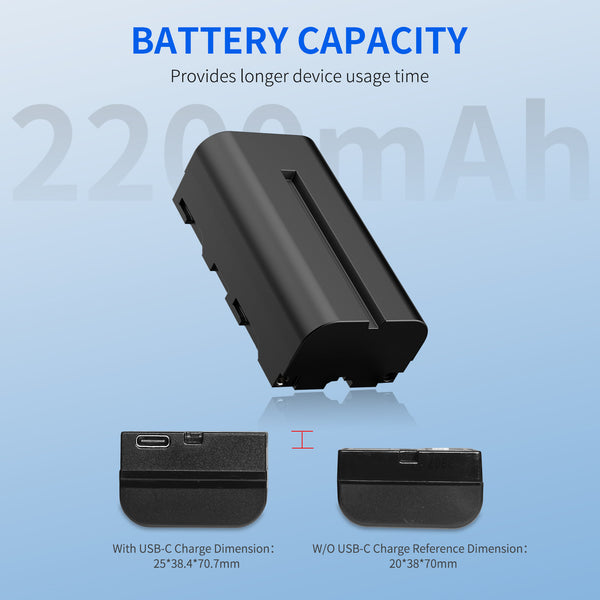 FEEWORLD NP-F550 2200mAh bateria de íon-lítio para monitor de luz de vídeo transmissão de vídeo USB-C carregamento