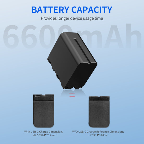 FEEWORLD NP-F970 6600mAh Li-ion Battery for Monitor Video Light Video Transmission USB-C Charging