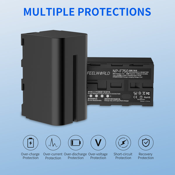 FEEWORLD NP-F750 4400mAh bateria de íon-lítio para monitor de luz de vídeo transmissão de vídeo USB-C carregamento