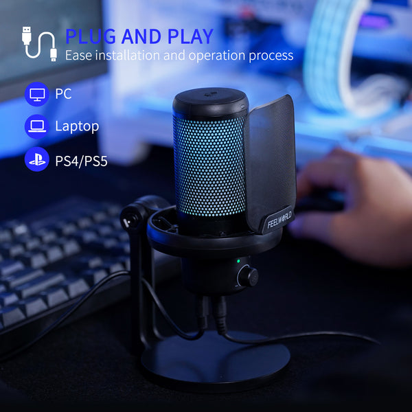 FEELWORLD VM1 Gaming PC USB Condenser Microphone with Desktop Stand