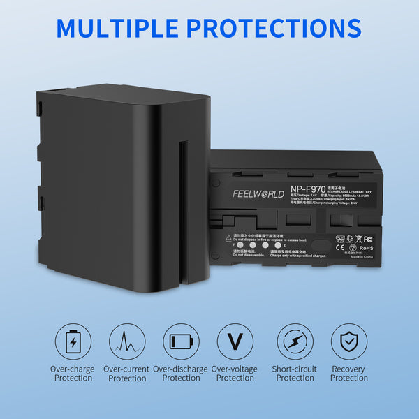 FEEWORLD NP-F970 6600mAh Li-ion Battery for Monitor Video Light Video Transmission USB-C Charging