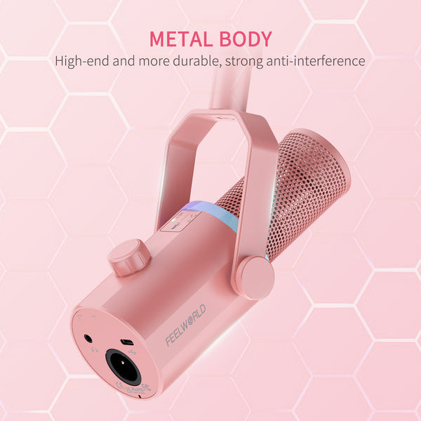 FEELWORLD PM1 Pink XLR USB Dynamic Microphone for Podcasting Recording Gaming Live Streaming