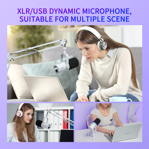 FEELWORLD PM1 White XLR USB Dynamic Microphone with Boom Arm Stand for Podcast