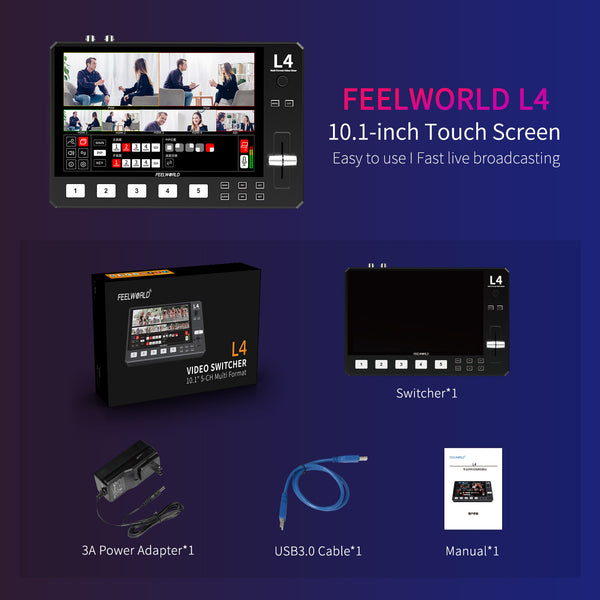FEELWORLD L4 Multi-Camera Video Mixer Switcher 10.1"หน้าจอสัมผัส USB3.0 สตรีมมิ่งที่รวดเร็ว