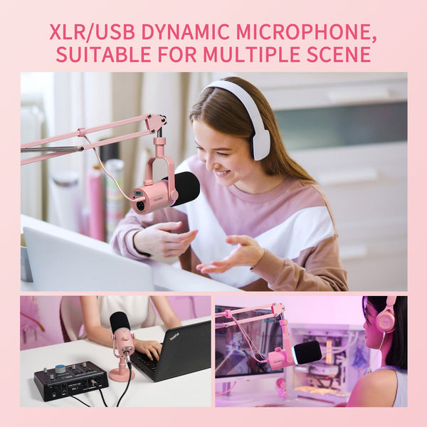 FEELWORLD PM1 Pink XLR USB Dynamic Microphone for Podcasting Recording Gaming Live Streaming