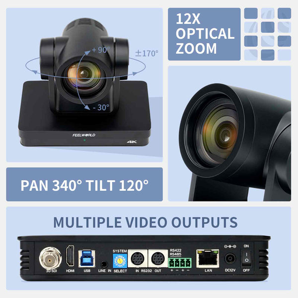 FEELWORLD UHD4K12X PTZ kamera SDI HDMI USB IP tiesioginis srautas 12x optinis priartinimas 4K 30 kadrų per sekundę palaikymas PoE