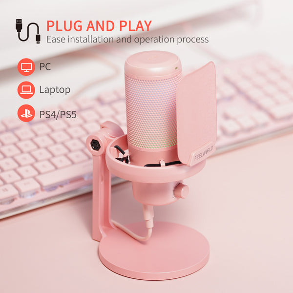 FEELWORLD VM1 Pink Gaming PC USB Condenser Microphone with Desktop Stand